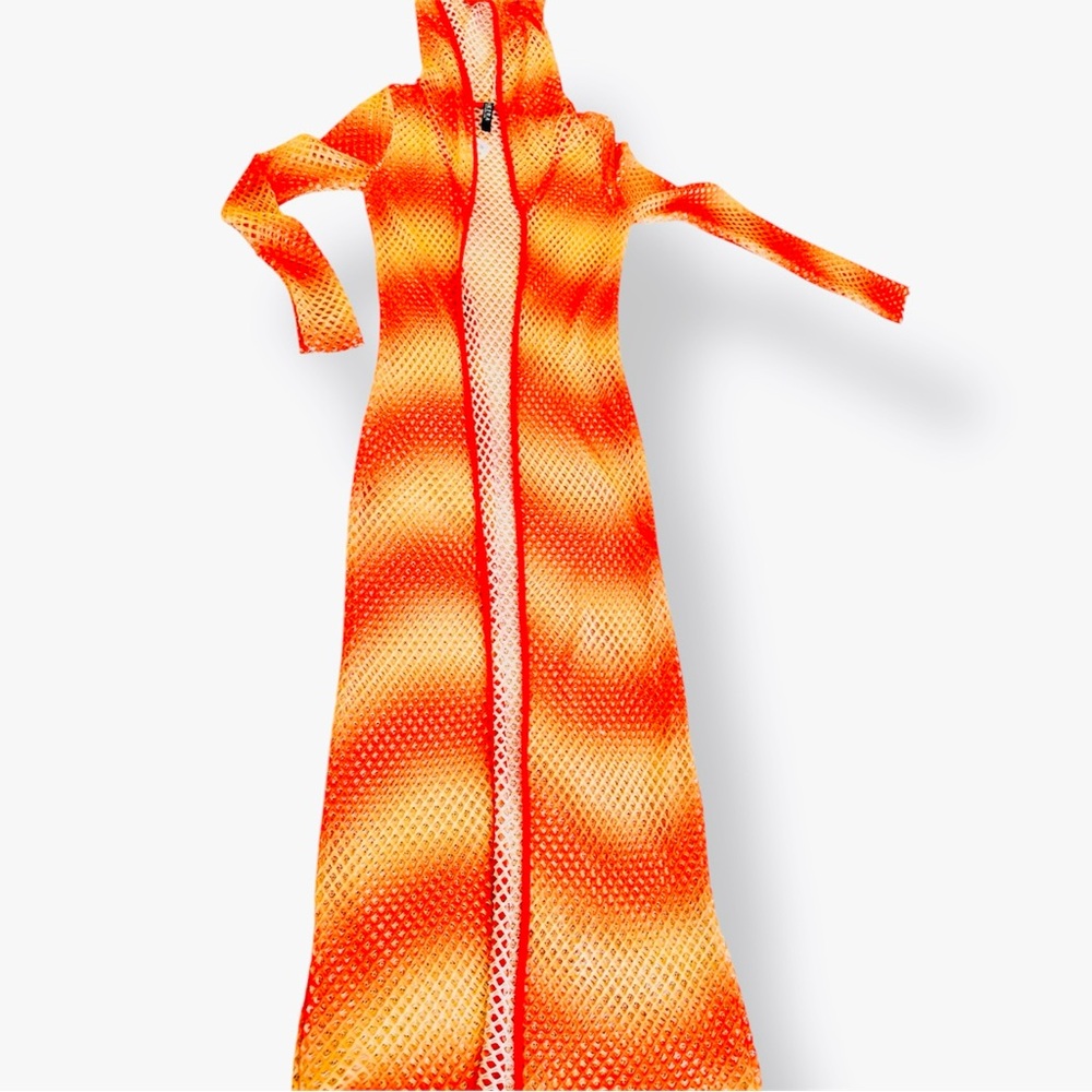 AKIRA Orange & Yellow Open Mesh Swim Coverup Long Maxi Dress w Hood Hooded Robe - Picture 2 of 16